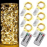 6 Pack Fairy Lights Battery Operated with Timer 2PCS Remote 6.5ft 20LED Warm White Twinkle Lights Waterproof Silver Wire Fireflies Lights DIY Mason Jar Wedding Party Christmas Centerpiece Table Deco