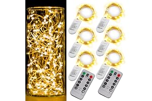 OAKHAOMIE 6 Pack Fairy Lights Battery Operated with Timer 2PCS Remote 6.5ft 20LED Warm White Twinkle Lights Waterproof Silver Wire Fireflies Lights DIY Mason Jar Wedding Party Christmas Centerpiece Table Deco