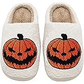 ULEL Halloween Pumpkin Slippers for Womens Mens Plush Warm Spooky Lantern Pumpkin Slippers House Shoes