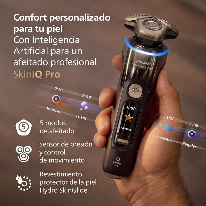 i9000 Prestige Ultra, Afeitadora Eléctrica Hombre, Máquina de Afeitar Barba en Seco y Mojado, Tecnología SkinIQ Pro, Base de Carga, Recargable, Estuche Premium, Centro de limpieza, XP9405/31