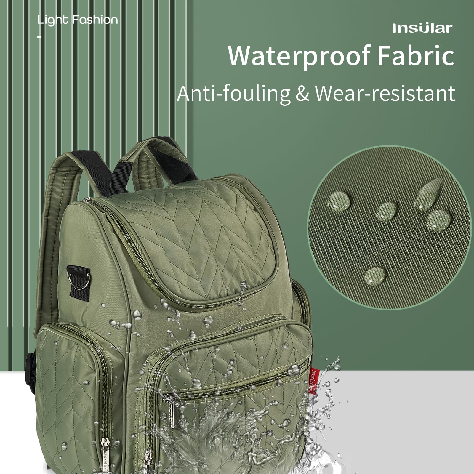 insular Diaper Bag Backpack, Multi-Function Travel Back Pack, Waterproof Changing Bag for Mom Girls, Large Capacity Baby Bag with Stroller Straps and Changing Pad, Green