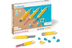 Makedo Discover | Upcycled Cardboard Construction Tool Kit in Small Toolbox (126 Pieces) | STEM + STEAM Educational Toys for at Home Play + Classroom Learning | Reusable Tools for Boys & Girls Age 5+