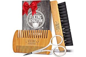 Viking Revolution Beard Comb & Beard Brush Set for Men -- Natural Boar Bristle Brush and Dual Action Pear Wood Comb w/Velvet Travel Pouch - Great for Grooming Beards and Mustaches