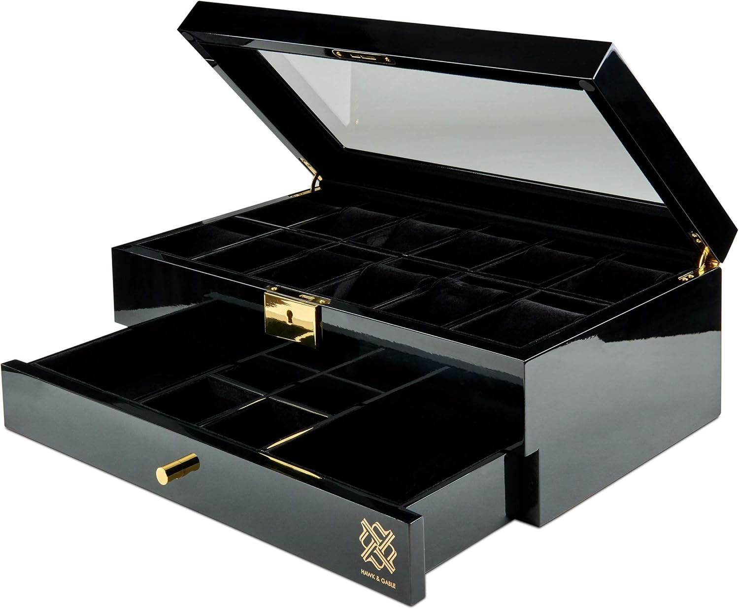 HAWK & GABLE Pearson Valet Watch Display Case with Jewelry and Accessories Valet | Premium Jewelry and Watch Box with Drawer, Glass Lid, and Lock | Black Piano Finish: Home Improvement