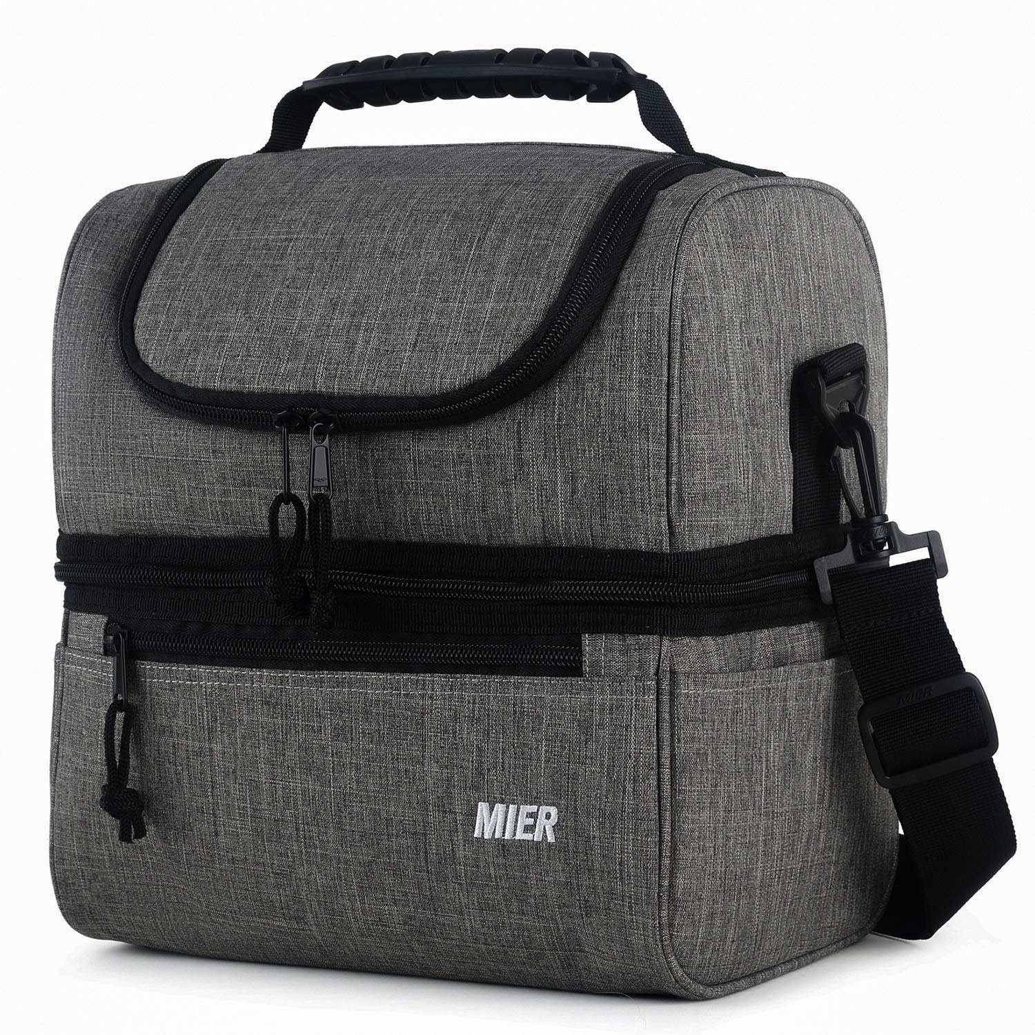 MIER 大人用ランチボックス ブルー 断熱ランチバッグ L クーラートートバッグ メンズ レディース ダブルデッキクーラー L グレー