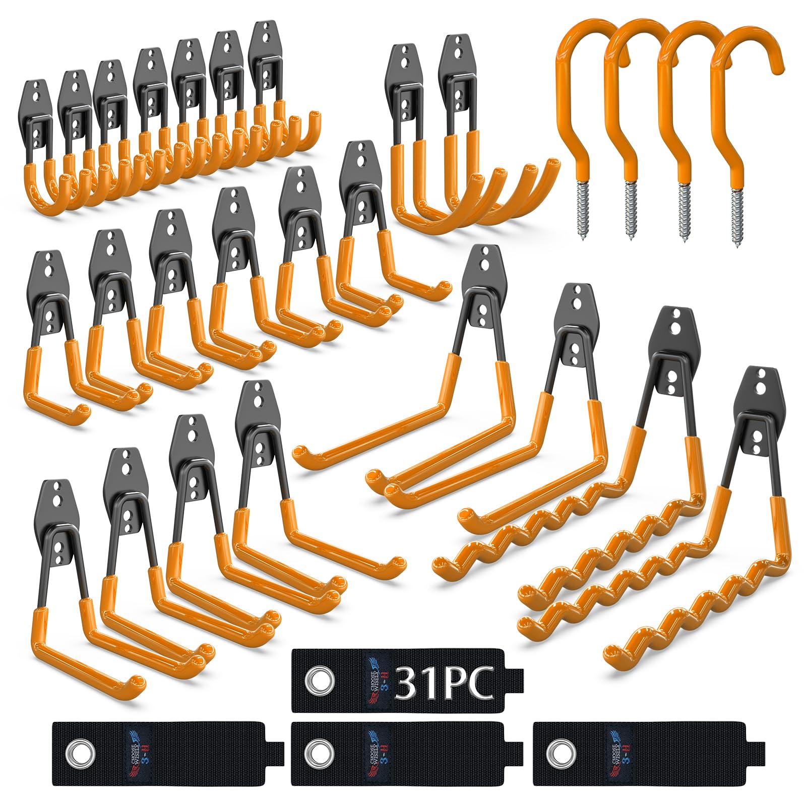 3-H Heavy Duty Garage Hooks, Solid Steel Hooks with Adjustable Extension Belt, 3 Round Welding Spots - Storage for Ladders, Bikes, Garden Tools, Bulky Items & Shed, Orange, 31PC