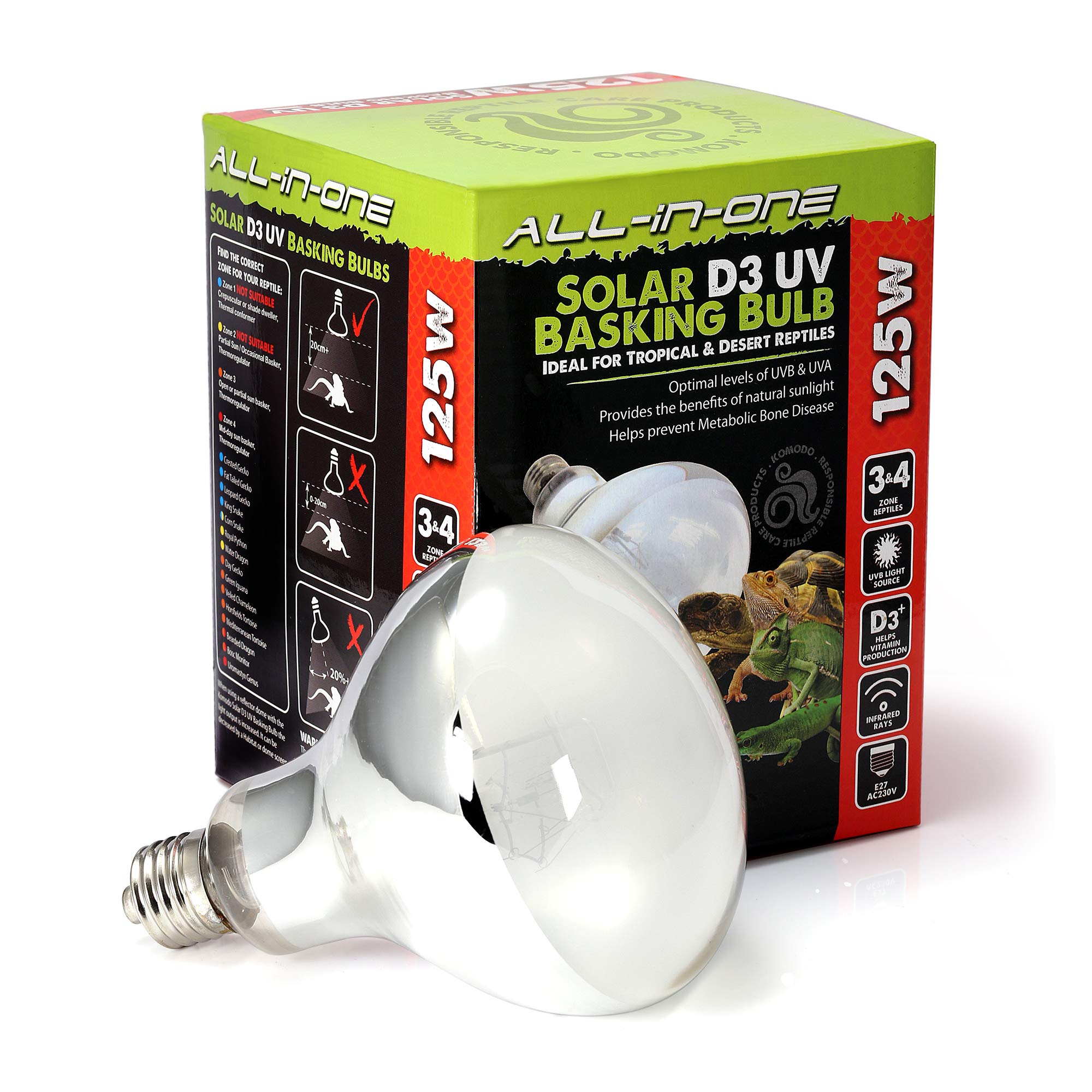 Komodo Solar D3 UV Basking Bulb Heat and Light Bulb for Desert & Tropical Reptile Habitats, Terrarium & Vivarium Lighting 125W