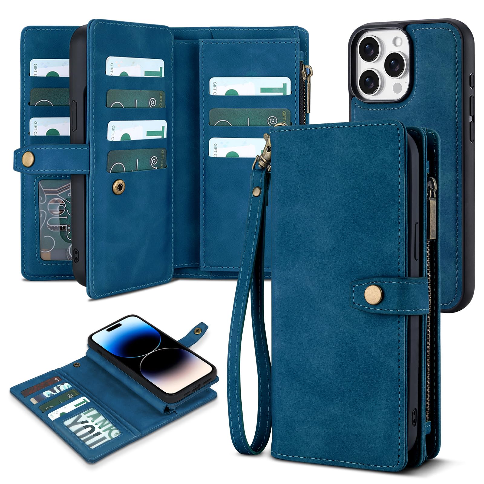 Photo 1 of TwoHead for iPhone 14 Pro Wallet Case with Card Holder, Detachable Magnetic Phone Case PU Leather Wallet for Women/Men, with Wrist Strap (6.1 in, Navy Blue)