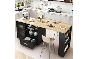 HSH 72" Rolling Kitchen Island with Seating, 360° Swivel Table, Kitchen Island with Storage Cabinet, Drawer & Shelves, Farmhouse Mobile Island Cart on Wheels for Dining Room & Home Bar, Black Oak