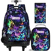 HPJGD 3PCS Rolling Backpack for Girls, Womens Butterfly School Backpacks with Wheels, Water Resistant Roller Kids Wheeled Bookbag Set with Lunch Box