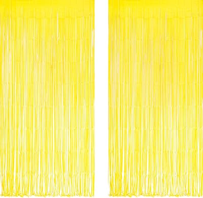 GREATRIL Yellow Tinsel Curtain Backdrop 1m x 2.5m 2 Packs Foil Fringe