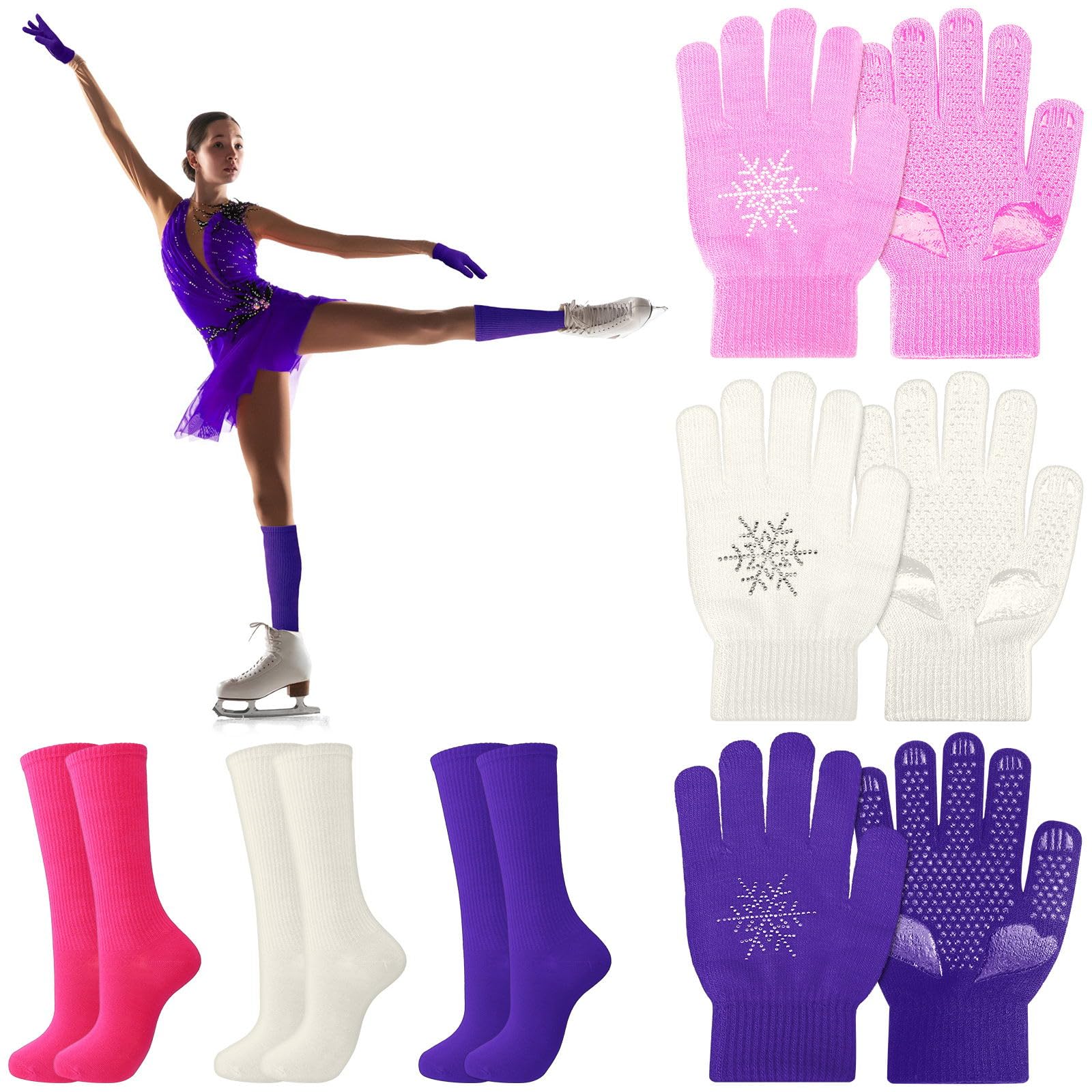 Photo 1 of ** 5 PAIRS ** Hicarer 6 Pairs Figure Skating Gloves Socks Set Ice Skating Socks Warm Winter Anti Slip Gloves for Practice Competition(Purple, Skin Color, Pink)