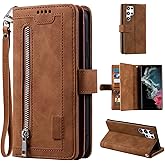 UEEBAI Wallet Case for Samsung Galaxy S24 Ultra 5G, Retro 9 Card Holder Slots Zipper Pocket Handbag Case PU Leather Magnetic Closure Kickstand with Wrist Strap TPU Shockproof Flip Case - Brown