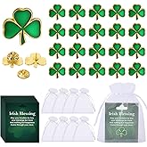 Wehhbtye 90 Pcs St. Patrick's Day Clover Pin with Blessing Cards and Organza Gift Bags, Good Luck Shamrock Lapel Pins, Irish Three Leaf Brooches for St. Patrick Party Birthday Gift Student Rewards