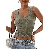 Women's Square Neck Tops Slim Fit Sleeveless Wide Strap Crop Tank Tops Lettuce Trim Crop Cami Tops with Floral Jacquard
