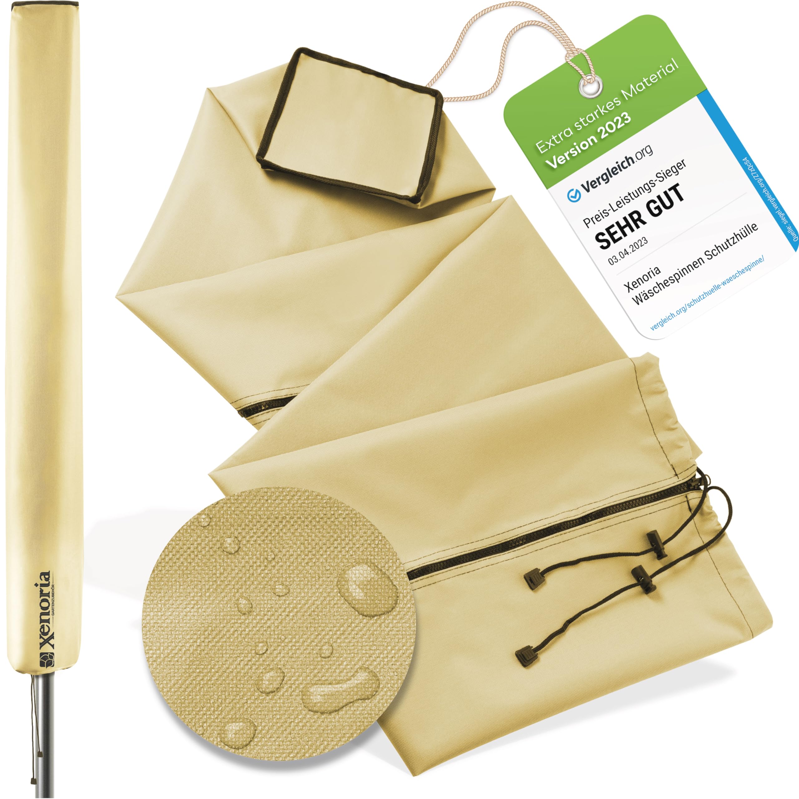 Xenoria Premium Rotary Airer Protector, Suitable for All Models, Robust 600D Oxford Fabric, Water-Repellent and UV-Resistant, Full Length Zip, Size 165 cm, Beige