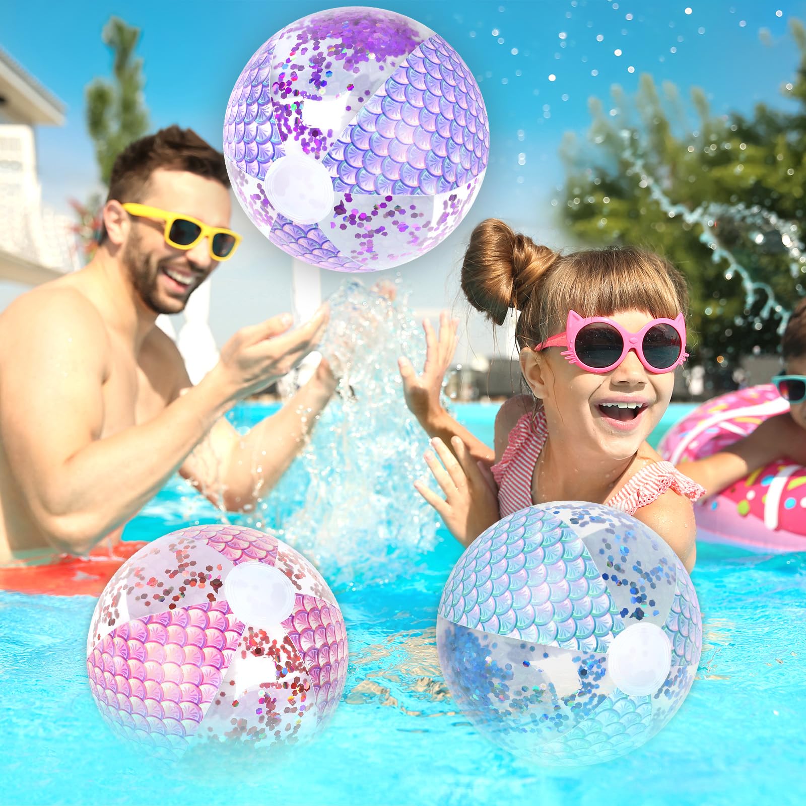 Whaline 3Pcs 16'' Mermaid Inflatable Beach Ball Glitter Pool PVC Balls Game Play Balloons for Summer Hawaiian Tropical Theme Beach Party Decorations Water Sand Game Accessory, Pink Blue Purple