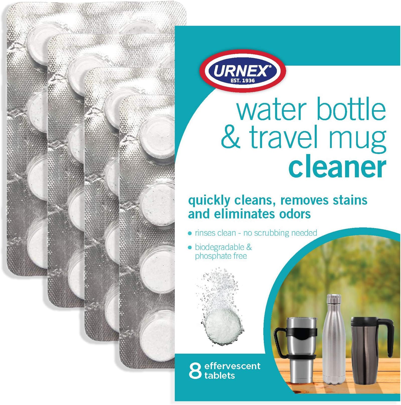 Urnex Water Bottle Cleaner - 32 Tablets - Natural, Biodegradable, and Phosphate Free - Travel Mug Insulated Stainless Steel Plastic Aluminum Water Bottles Narrow Neck Bottle Cleaner
