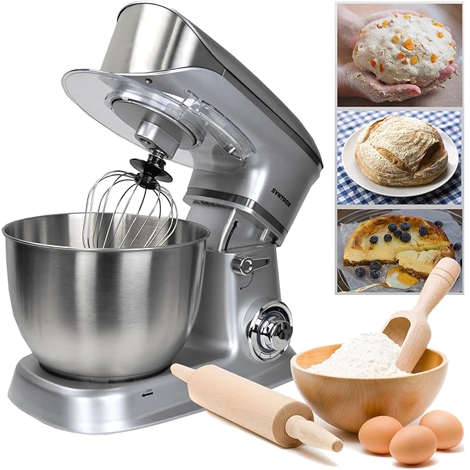 Syntrox Germany KM-6.5L Basic Küchenmaschine Knetmaschine Mixer, Edelstahl-Behälter, 6,5 Liter, silber
