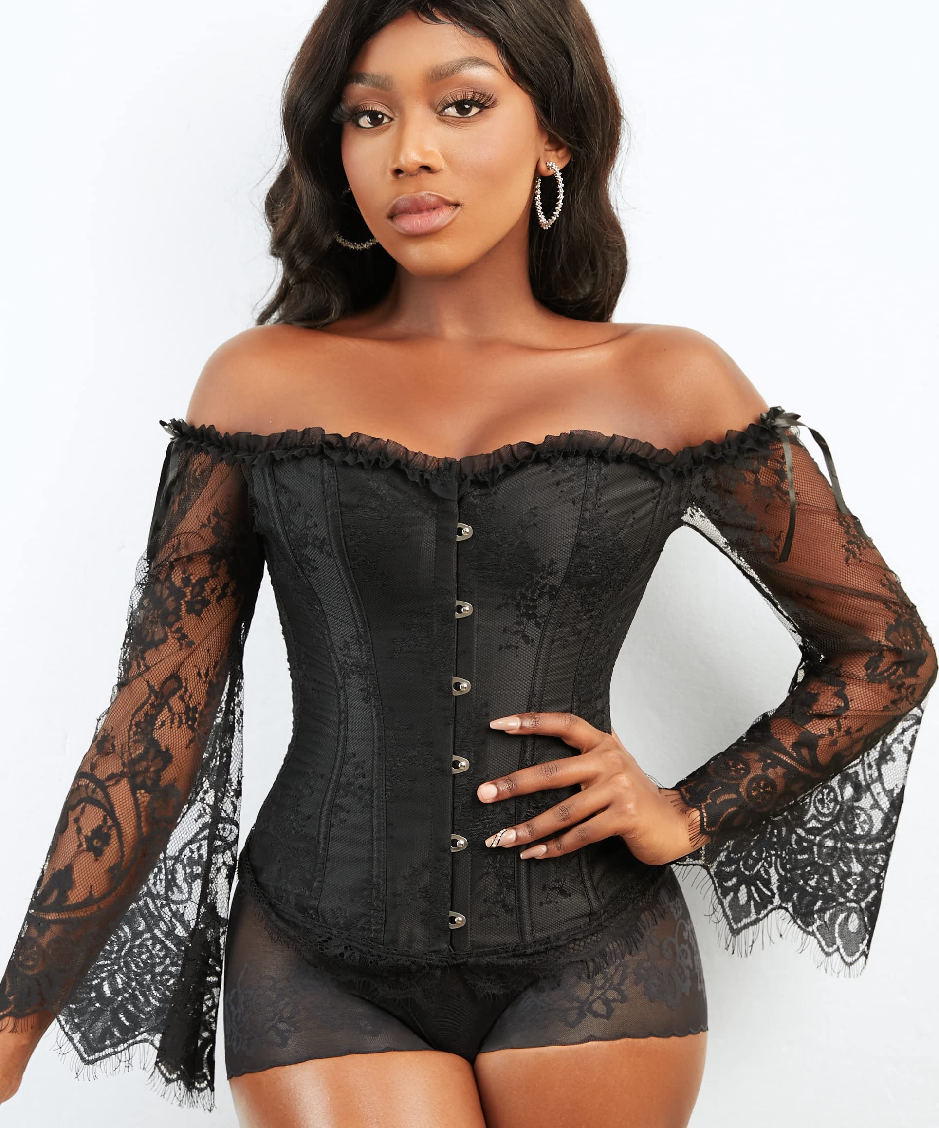 SZIVYSHI Corset Tops for Women with Sleeves, Bustier Overbust Lace Up Bodice Lingerie, Vintage Steampunk Strapless Shirt