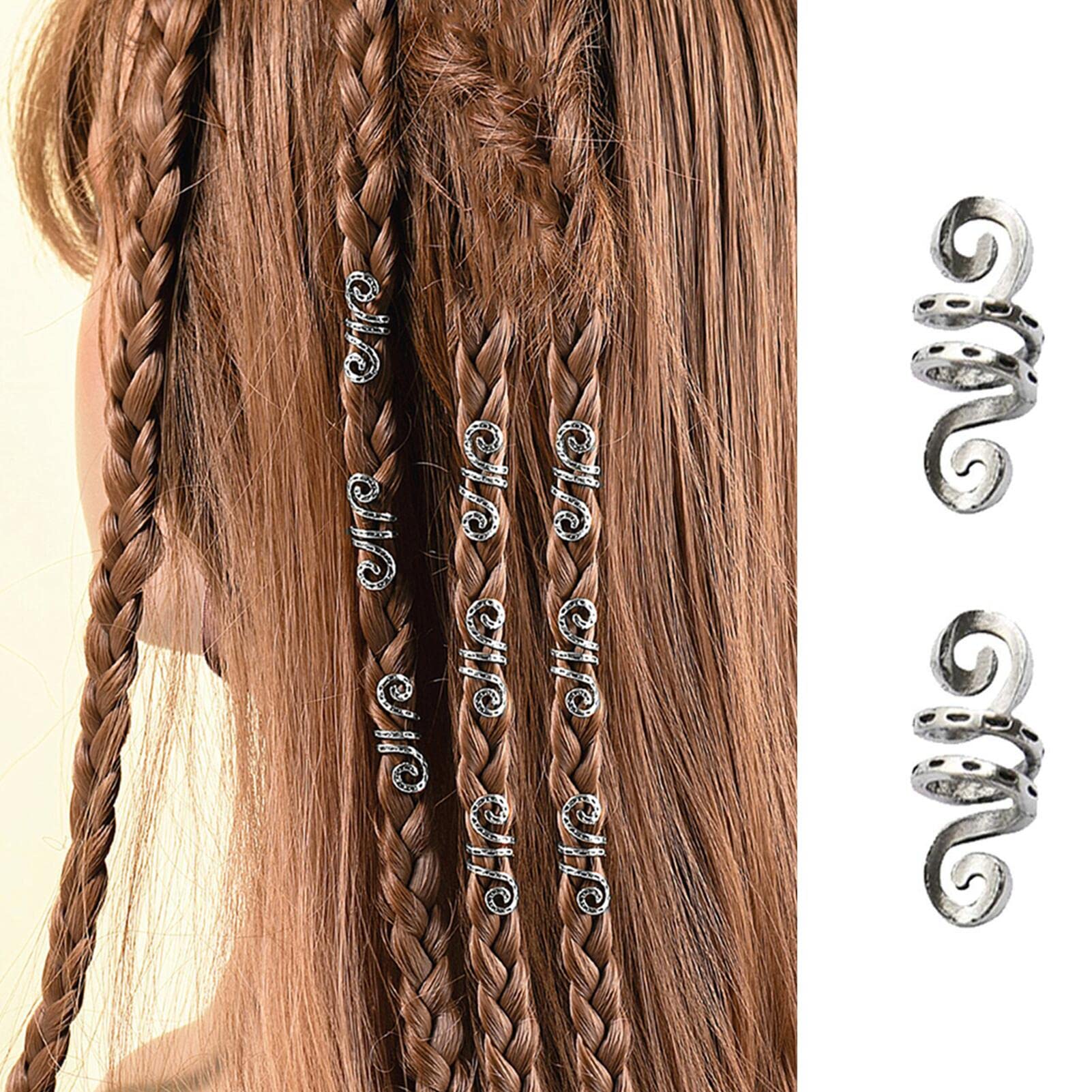 15Pcs Spiral Hair Beads,Metal Hair Cuffs Hair Braid Rings Clip Pendants,Hair Beads for Braids for DIY Hair Decoration(Silver)