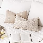 SageSelvas Farmhouse Decorative Lumbar Throw Pillow Covers 12X20 Set of 2, Floral Neutral Beige Cotton Accent Lumbar Throw Pillows for Couch Sofa Living Room, Cover ONLY