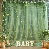 10&times;10ft Green Tulle Backdrop Curtain with Lights String for Parties, Sheer Photo Curtain Backdrop Drapes for Wedding Party Photography Backgrounds