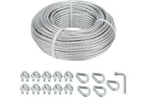 hannger Galvanized Steel Wire Rope Cable, 3/16” Galvanized Steel Cable with Rope Clamp and Thimble, 7X7 Strand Core Aircraft Cable Used for Anchored Shed, Fencing, Sunshade, Clothesline (50ft)