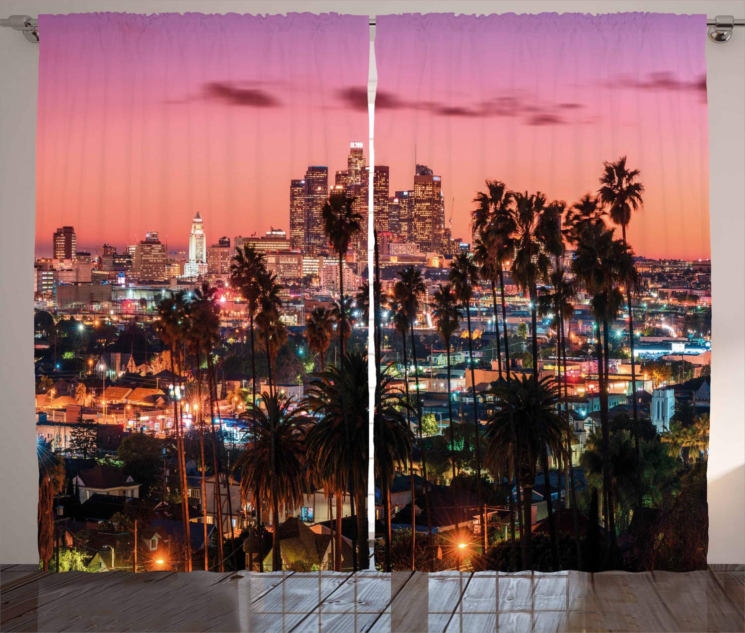 ABAKUHAUS United States Curtains, Vibrant Sunset Twilight Scenery Los Angeles Famous Downtown with Palm Trees, Living Room Bedroom Window Drapes 2 Panel Set, 89 L X 110 W, Multicolor