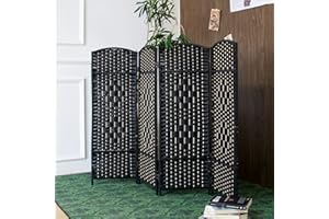 Furnnylane 4 Panel Rattan Divider Short Room Partition Screen,Double Sided Folding Divider for Room Separation,Black,3.95 FT 