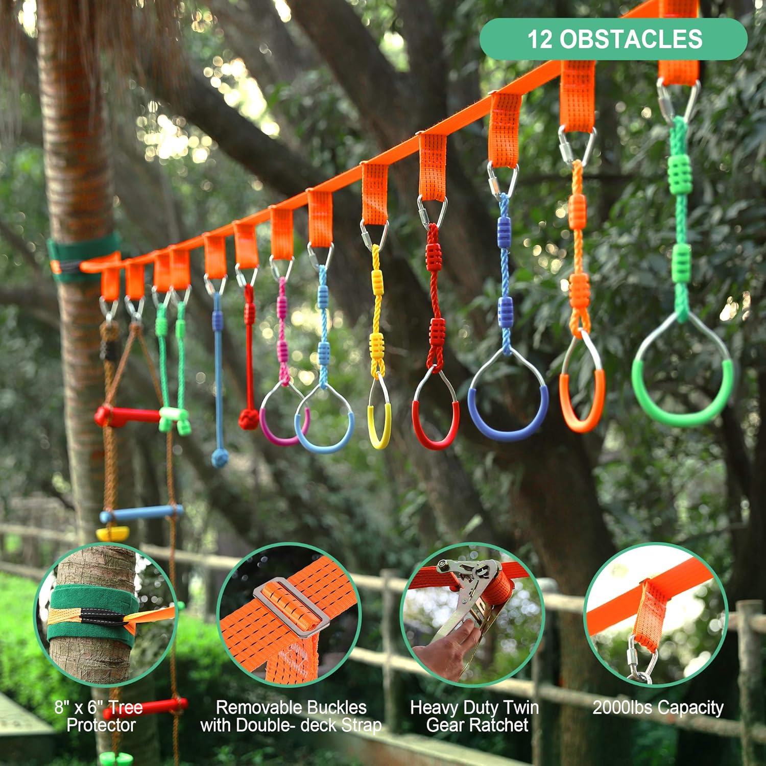 GRYSERCH Ninja Warrior Obstacle Course for Kids - 57' Ninja Slackline with 12 Obstacle Accessories for Kids, Ninja Warrior Training Equipment for Kids Outside Backyard ( Capacity 500 lbs): Toys & Games