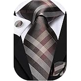 Hi-Tie Mens Plaid Ties Classic Paisley Necktie with Handkerchief Cufflinks Set Business Stripe Tie