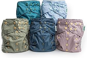 Kinder Cloth Diapers Set of 5 Reusable Baby Diapers Pocket Style Athletic Wicking Jersey, Newborn to Potty 7-60lbs, One Size, Inserts NOT Included (Coastal Calm)