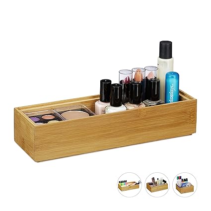 Relaxdays Ordnungsbox Bambus, stapelbar, natürliche Optik, Aufbewahrungsbox Küche, Bad, HxBxT: 5 x 23 x 7,5 cm, natur