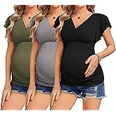 Ekouaer Women's Maternity Shirts 3 Packs Nursing Tops Flying Short Sleeve Breastfeeding Tees Side Ruched Pregnancy Clothes