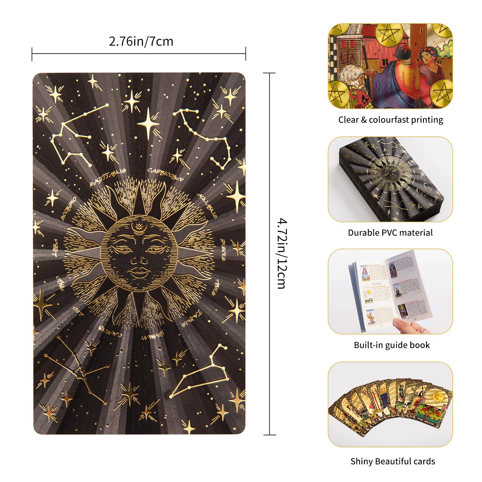 Tarot Cards with Guide Book, 80PCS Gold Tarot Cards Set with 4Pcs Wooden Tarot Card Holder, Waterproof Tarot Deck/Fortune Telling Game Craft Cardboard for Beginners