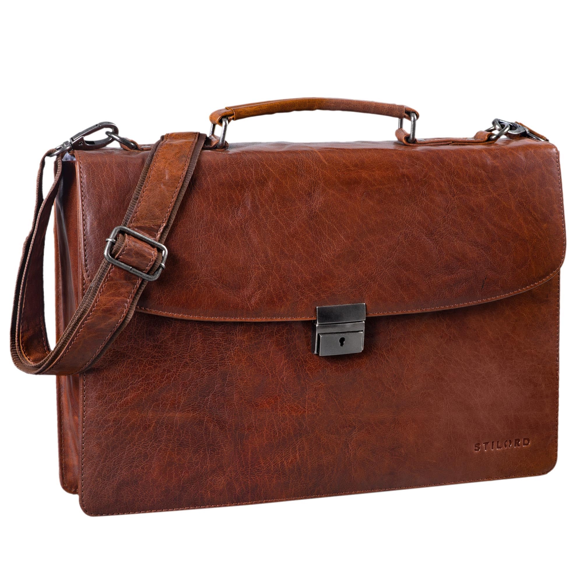 STILORD "Jonathan" Leather Briefcase Portfolio Men & Women Shoulder Bag Classic Design Business Work Bag Leather Black Colour:Brandy - Brown
