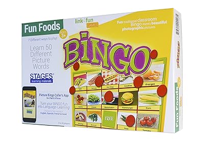 Stages Learning Materials Link4fun Real Photo Fun Food Bingo Game for Family, Preschool, Kindergarten, Elementary Education: 36 Picture Cards and App