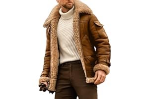 QOAAIE Vintage Fur Collar Sherpa Leather Coat for Men Winter Warm Thicken Leather Jacket Classic Motorcycle Bomber Overcoat