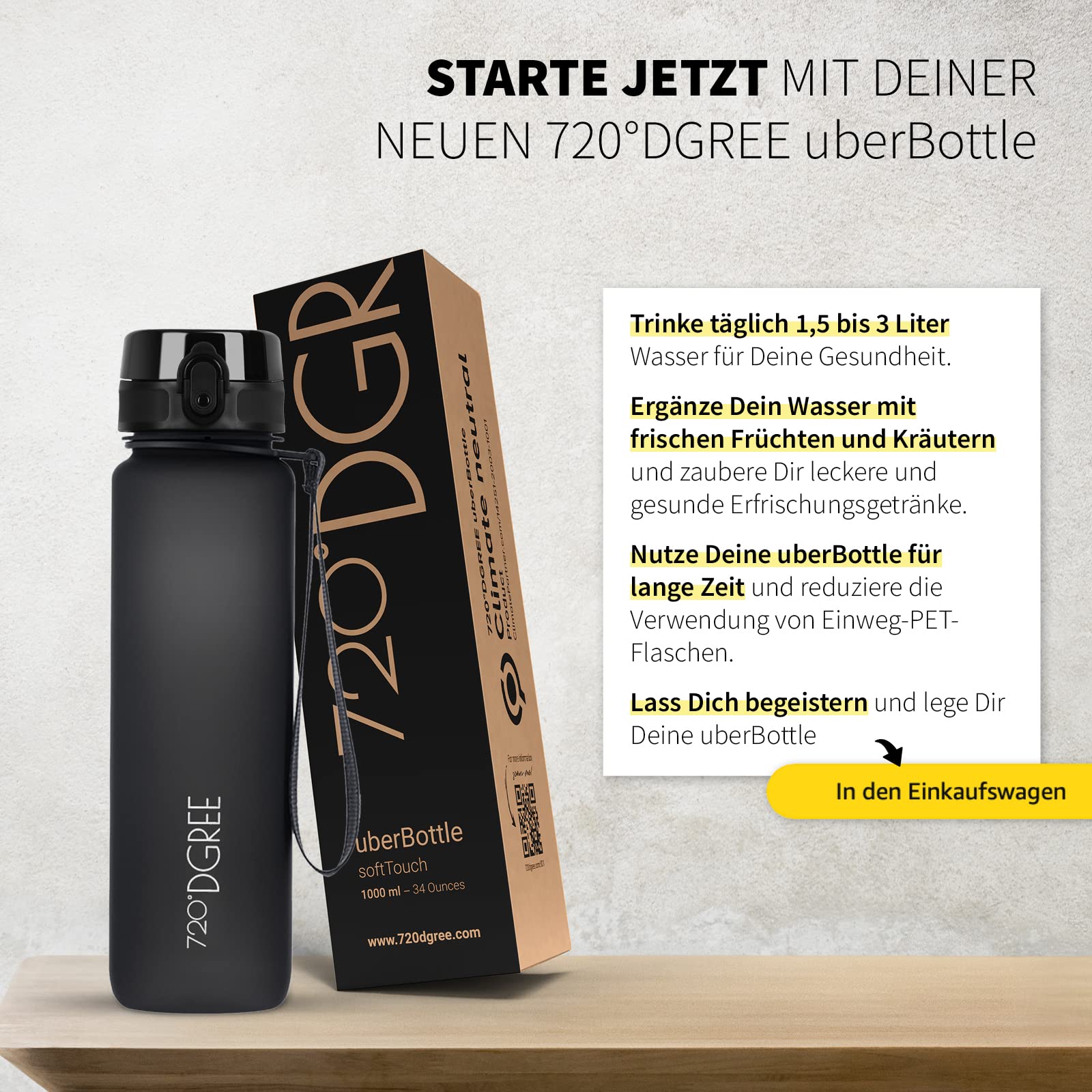 720°DGREE Trinkflasche 1l Sport “uberBottle“ softTouch +Sieb - BPA-Frei - Wasserflasche für Uni, Arbeit, Fitness, Fahrrad, Outdoor, Job - Sportflasche aus Tritan - Leicht, Stoßfest, Wiederverwendbar 5