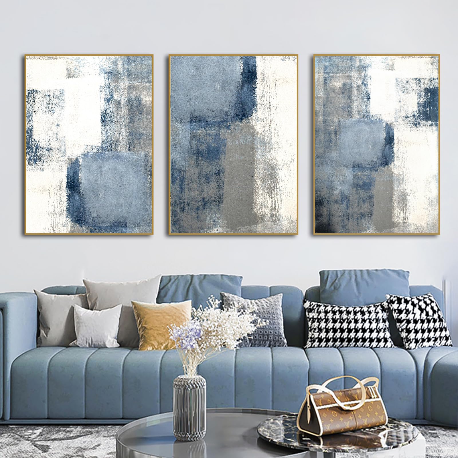 Photo 1 of (fair) Blue Gray Abstract Canvas Wall Art Blue Grey White Picture Modern Blue Canvas Abstract Wall Art Navy Blue and White Painting Contemporary Abstract Art Blue and White Artwork for Room 16x24inx3 No
