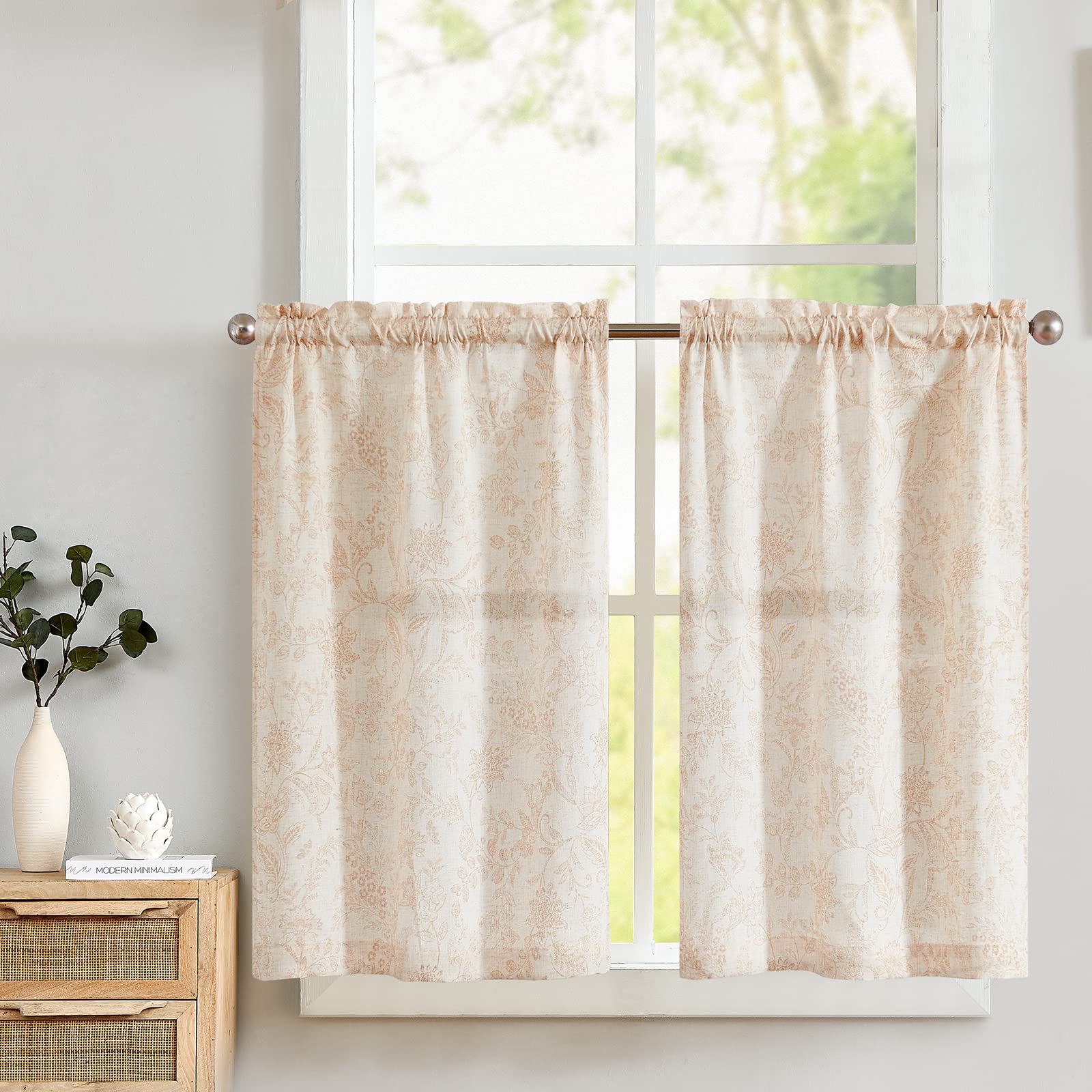 TOPICK Taupe Floral Linen Blend Kitchen Curtains 36 Inch Drop Small Cafe Curtains Light Filtering Curtain Tiers for Bathroom Sink Rod Pocket 2 Panels