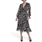 Calvin Klein Womens Long Balloon Sleeve V-Neck Chiffon Fit & Flare Midi Dress