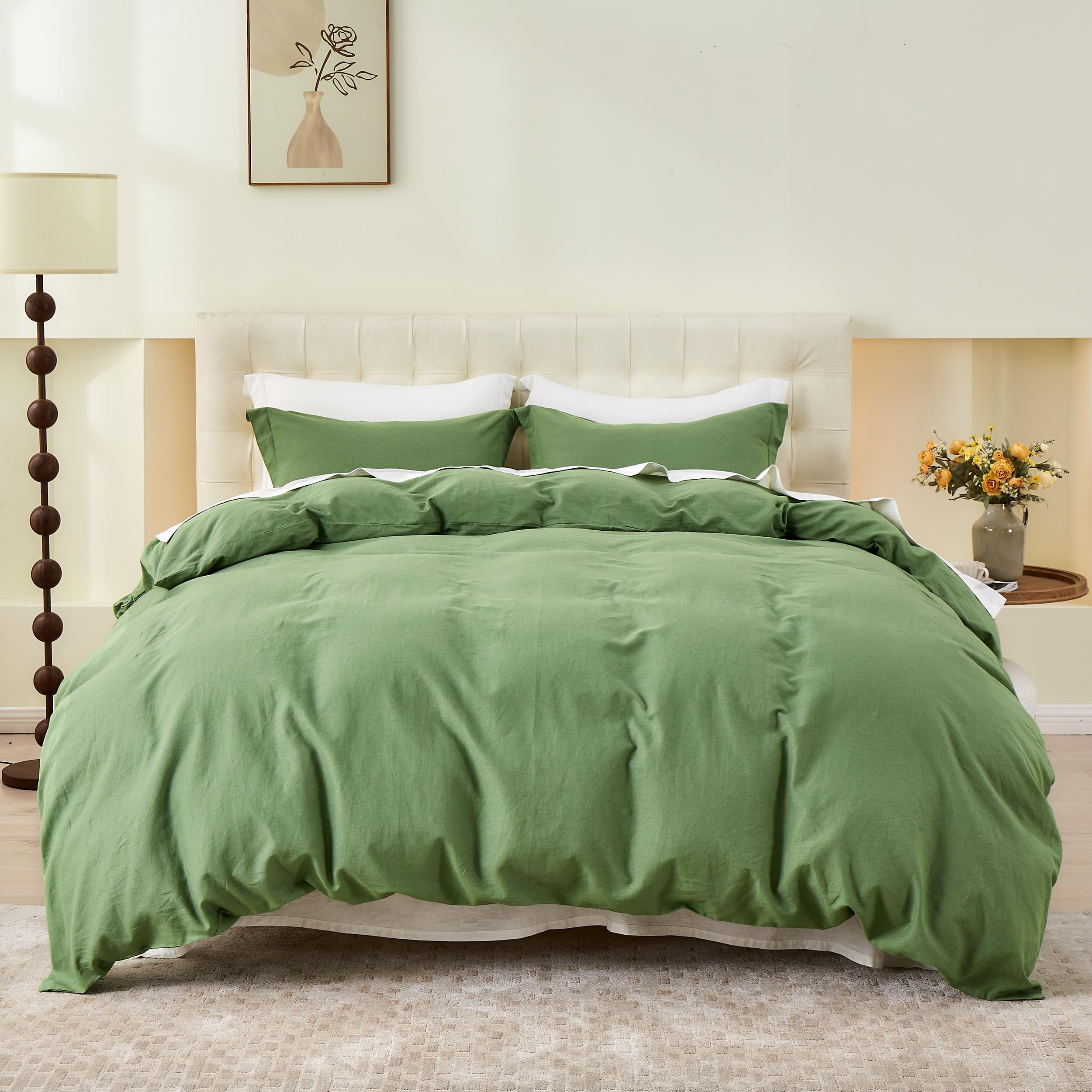 Simple&Opulence Double Duvet Cover with 2 Pillowcases,Cotton Linen Duvet Cover,Double Bedding Set with Button Closure,Hypoallergenic Luxurious Breathable Quilt Cover Set,200x200cm,Basic Dark Green — image 1