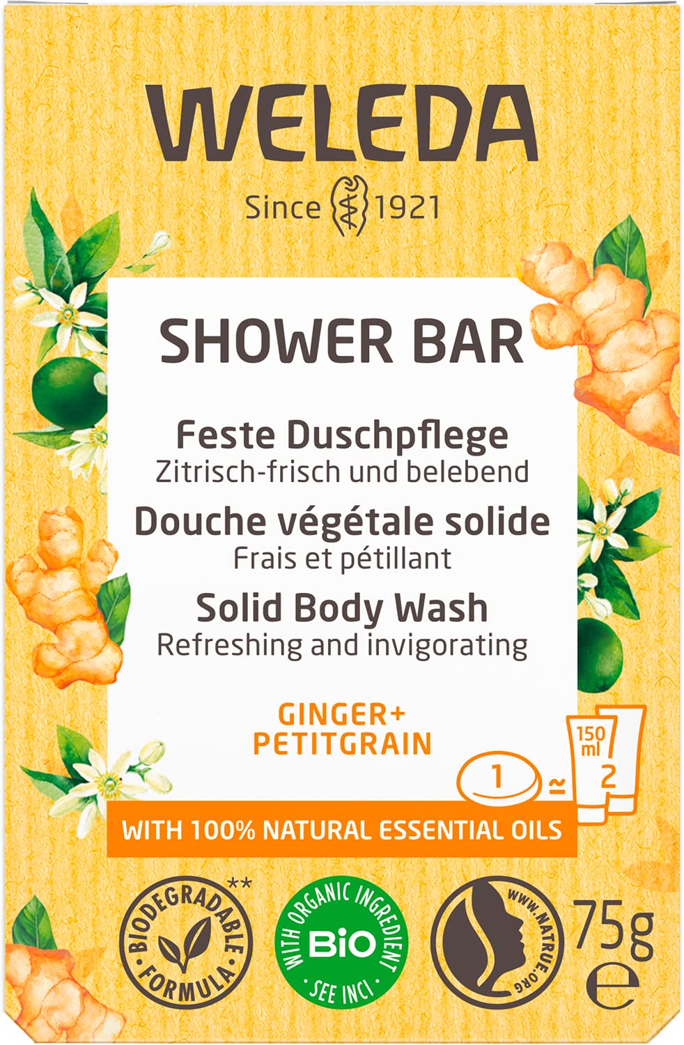 WELEDA Bio Festes Duschgel Ingwer & Petitgrain – feste Naturkosmetik Dusche mit Bio Sheabutter & erfrischendem Duft. Natürliche Shower Bar Seife für Männer & Frauen. 100% Vegan & Plastikfrei (1x 75g) 8