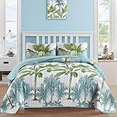 Luxudecor Tropical Plants Quilt Set Queen Size 3 Pieces Green and Blue Palm Botanical Bedspread Rainforest Style Bedding Set Soft Lightweight Bed Cover All Season 96"x90"