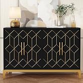 HLR Accent Cabinet with 4 Doors&amp;Shelves, Sideboard Buffet Cabinet with Gold Trim, Modern Black Storage for Living Room, Entryway, Kitchen, Dining Room, Hallway