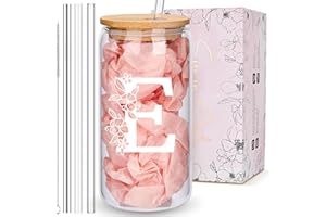 Personalized Customized Gifts for Women, Cute Monogrammed Glass Cups with Lids and Straws, Initial Iced Coffee Cup Drinking G