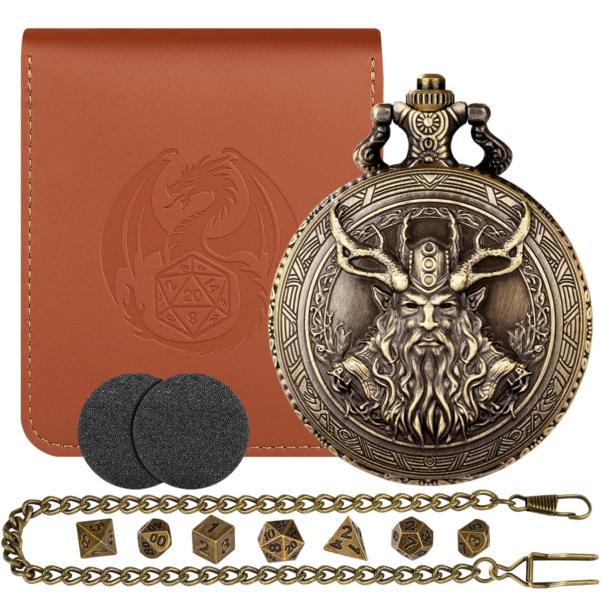 Bronze D&D Druid Half-Orc Dice Set, Steampunk Mini DND Dice Set with 7pcs Polyhedral Metal D&D Dice, Leather Gift Bag with Dragon, TRPG Accessories, Fantasy Gifts for DND Gamer