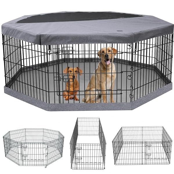 PETIME FOLDABLE METAL DOG EXERCISE PEN/PET PUPPY PLAYPEN KENNELS YARD FENCE INDOOR/OUTDOOR 8 PANEL 24″ W WITH TOP COVER AND BOTTOM PAD (PLAYPEN+BOTTOM+TOP COVER, 8 PANELS 24″ H)